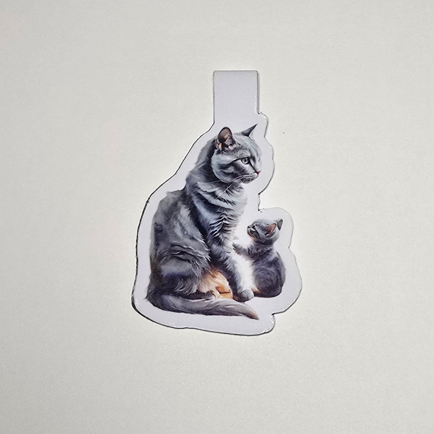 Russian Blue Cat and Kitten Magnetic Bookmark, Handmade Page Marker, Cat Mom Gift, Gray Cat Lover Stationery