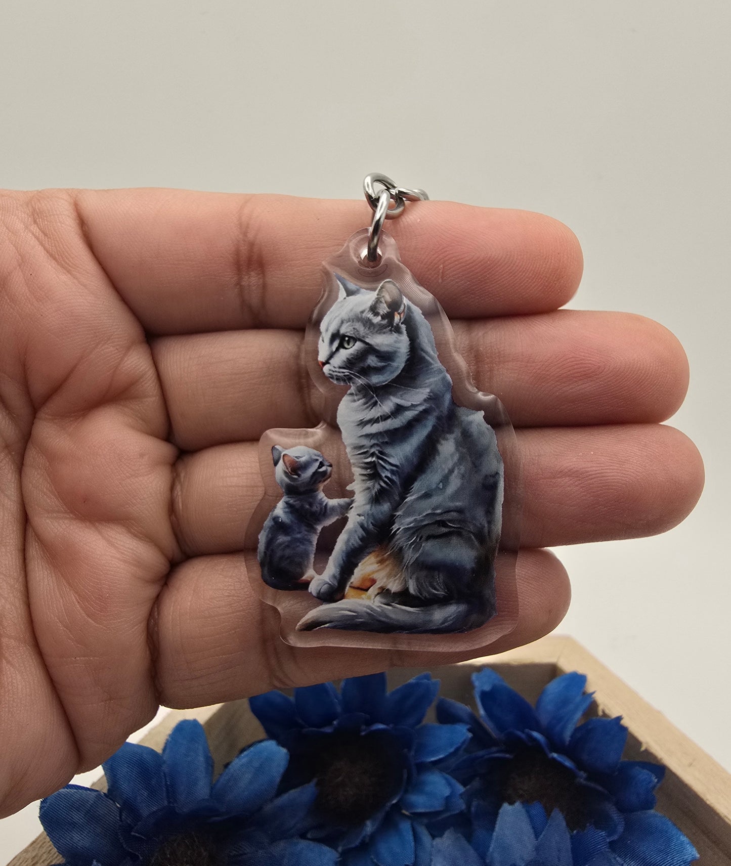 Russian Blue Cat and Kitten Keychain, Acrylic Cat Mom Charm, Gray Cat Lover Gift, Pet Key Ring