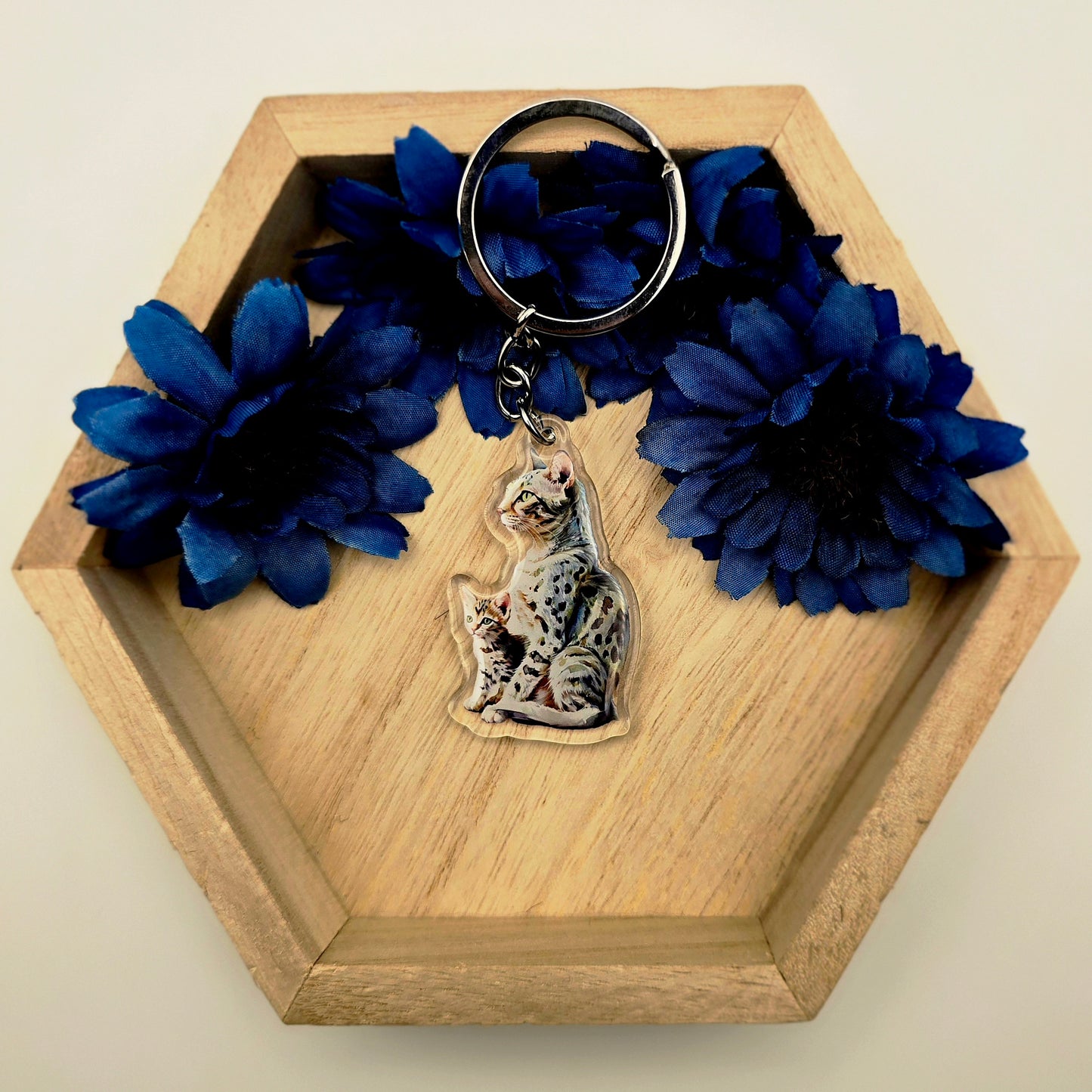 Egyptian Mau Cat and Kitten Keychain, Spotted Cat Acrylic Charm, Cat Lover Gift, Pet Mom Key Ring