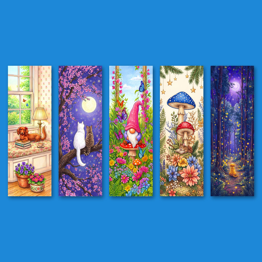 Five 2x6 colored-pencil bookmarks by Designs by Mysh: dachshund on a bookstack, moonlit cherry blossom cats, pink gnome, whimsical mushroom forest and moonlit fireflies