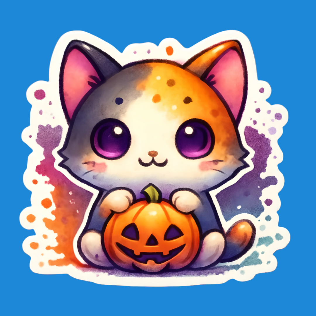 Kawaii Halloween calico cat with pumpkin sticker - Seasonal collection - Designs by Mysh