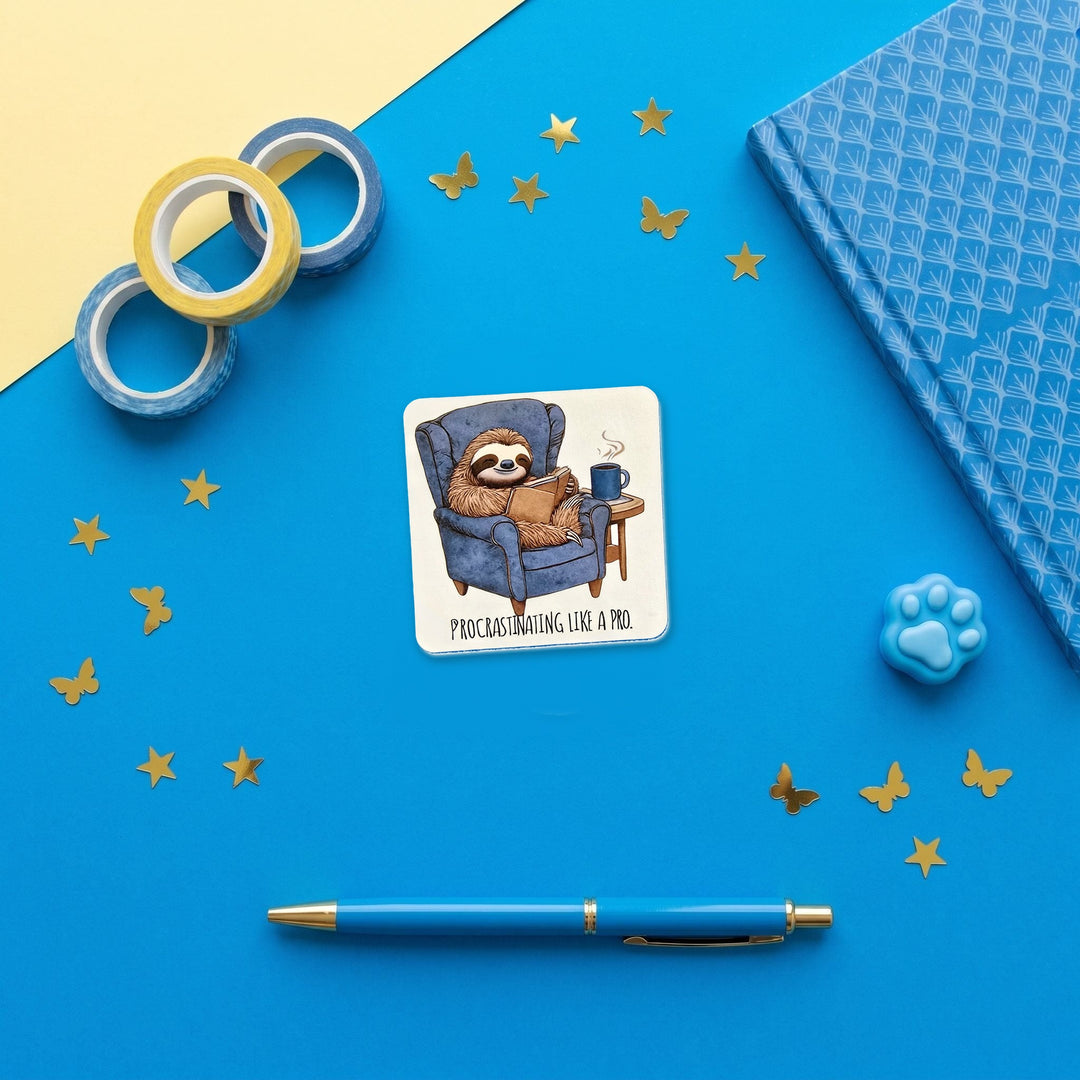 Procrastinating Like a Pro Sloth 3 inch fridge magnet flat lay with blue stationery
