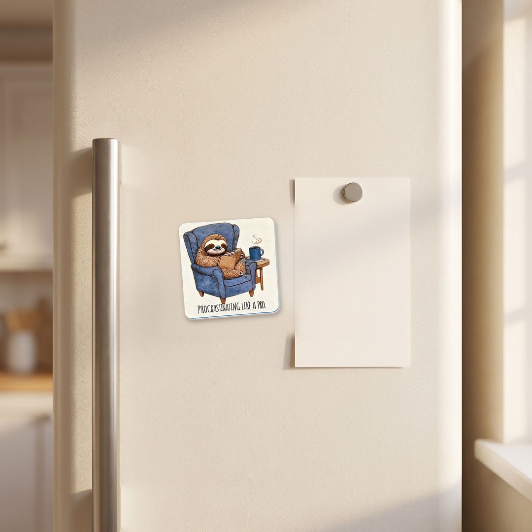 Procrastinating Like a Pro Sloth magnet on a refrigerator door
