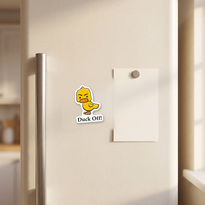 Duck Off magnet on a refrigerator door