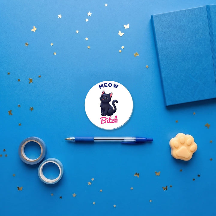 Meow Bitch Sassy Black Cat kawaii 3 inch fridge magnet flat lay with blue stationery
