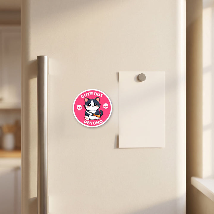 Cute But Psycho Cat kawaii magnet on a refrigerator door