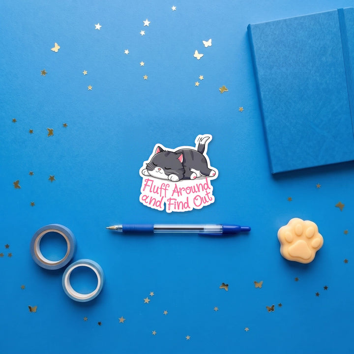Fluff Around and Find Out 3 inch fridge magnet flat lay with blue stationery