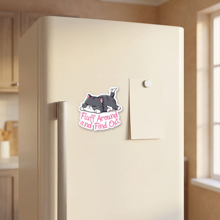 Fluff Around and Find Out magnet on a refrigerator door