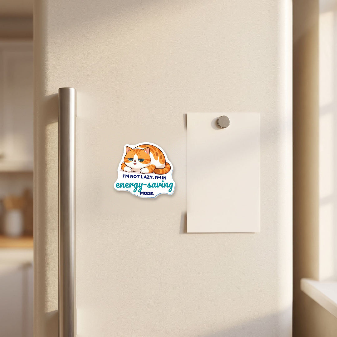 Energy Saving Mode Cat magnet on a refrigerator door