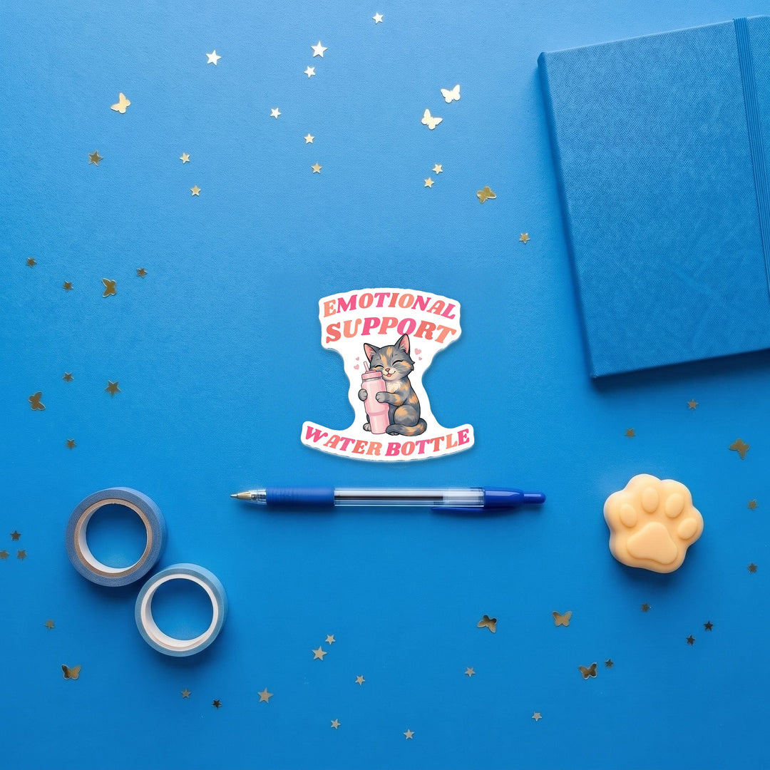 Emotional Support Water Bottle Dilute Tortie Cat kawaii 3 inch fridge magnet flat lay with blue stationery