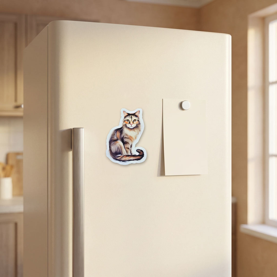 Torbie Cat watercolor magnet on a refrigerator door