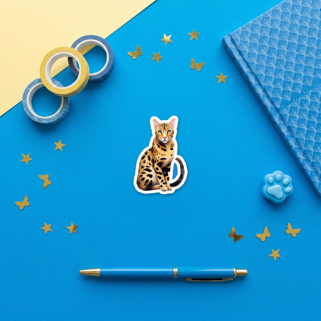Savannah Cat watercolor 3 inch fridge magnet flat lay with blue stationery