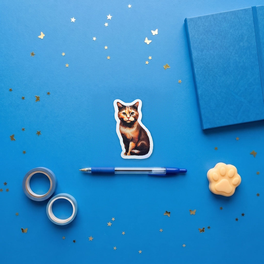Tortoiseshell Cat watercolor 3 inch fridge magnet flat lay with blue stationery