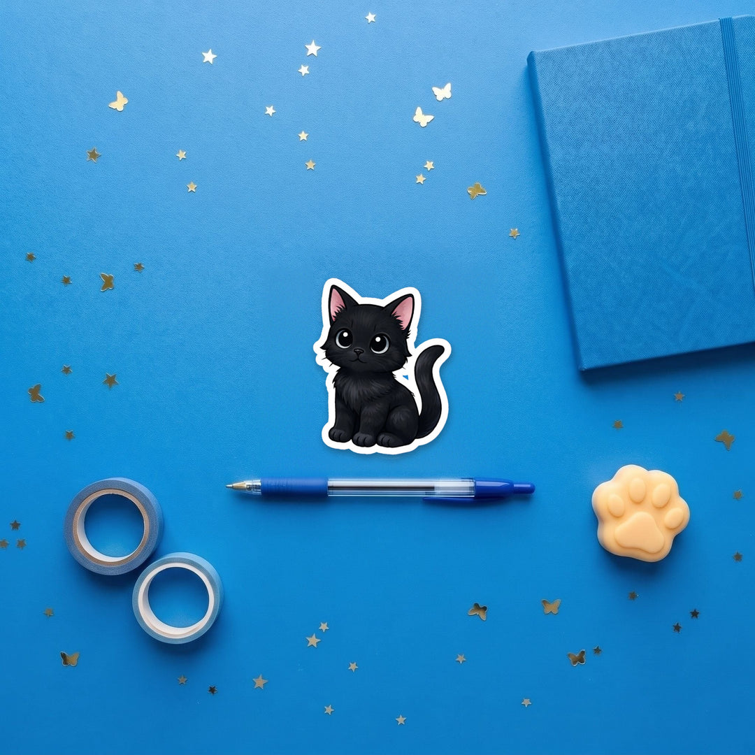 Black Cat kawaii 3 inch fridge magnet flat lay with blue stationery