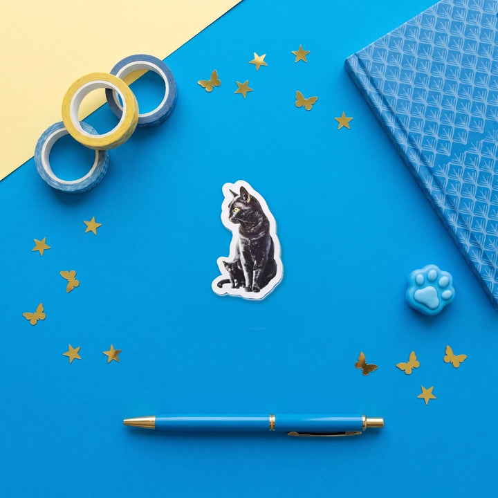 Black Cat Witchy Mama and Kitten 3 inch fridge magnet flat lay with blue stationery