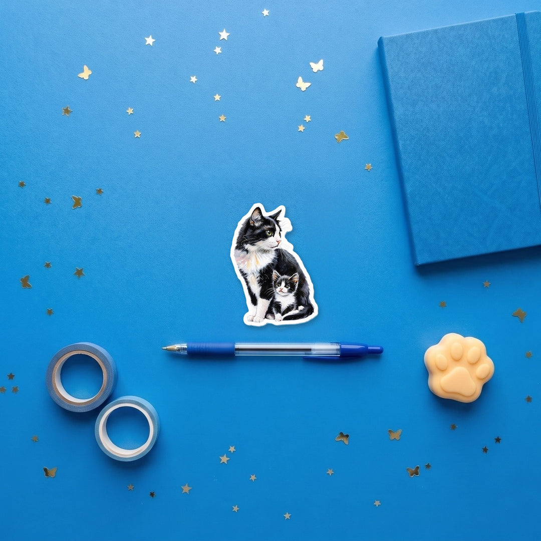 Tuxedo Black and White Cat and Kitten watercolor 3 inch fridge magnet flat lay with blue stationery