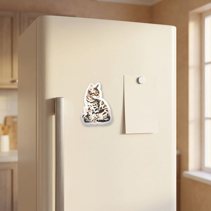 Bengal Brown Spotted Tabby Cat and Kitten watercolor magnet on a refrigerator door