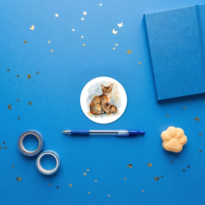 Abyssinian Cat and Kitten watercolor 3 inch fridge magnet flat lay with blue stationery