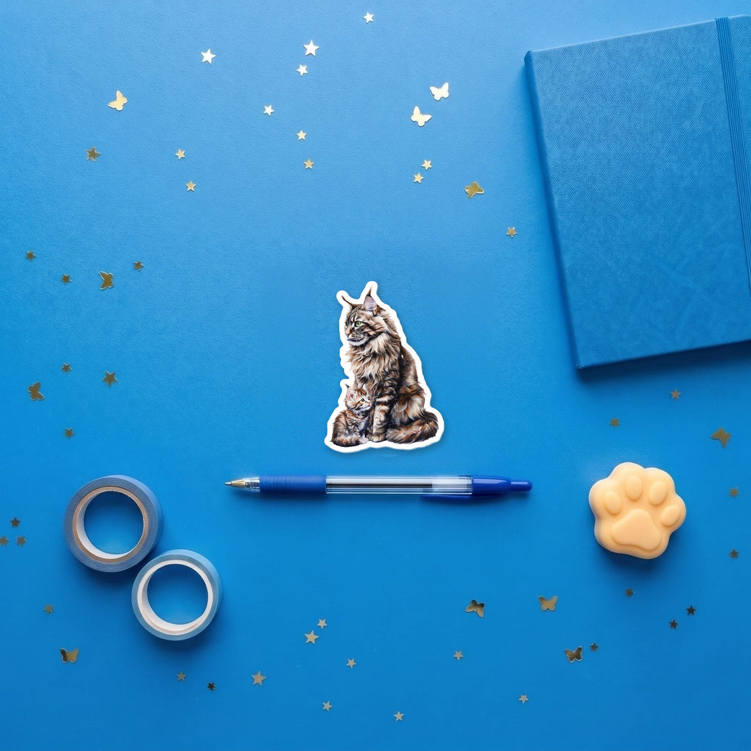 Maine Coon Brown Tabby Cat and Kitten watercolor 3 inch fridge magnet flat lay with blue stationery