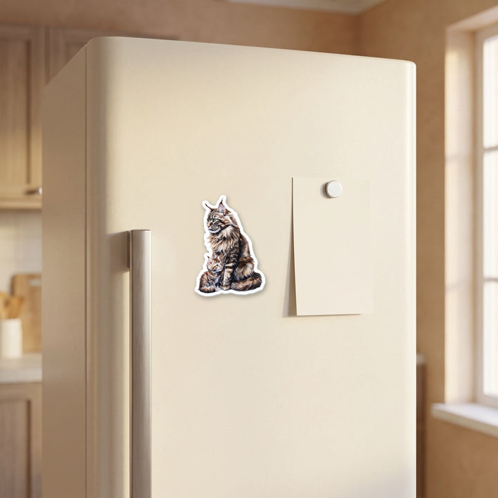 Maine Coon Brown Tabby Cat and Kitten watercolor magnet on a refrigerator door