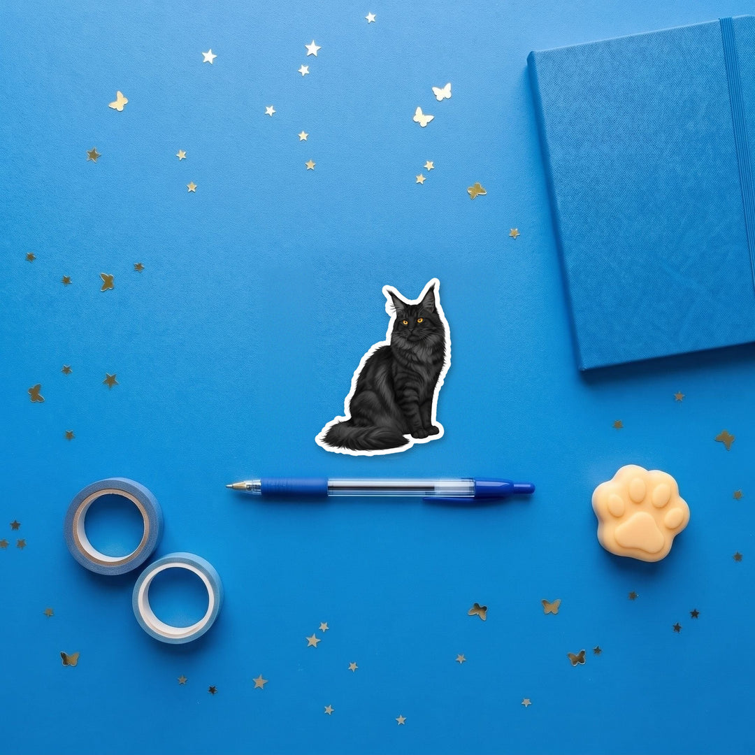 Maine Coon Black Cat watercolor 3 inch fridge magnet flat lay with blue stationery