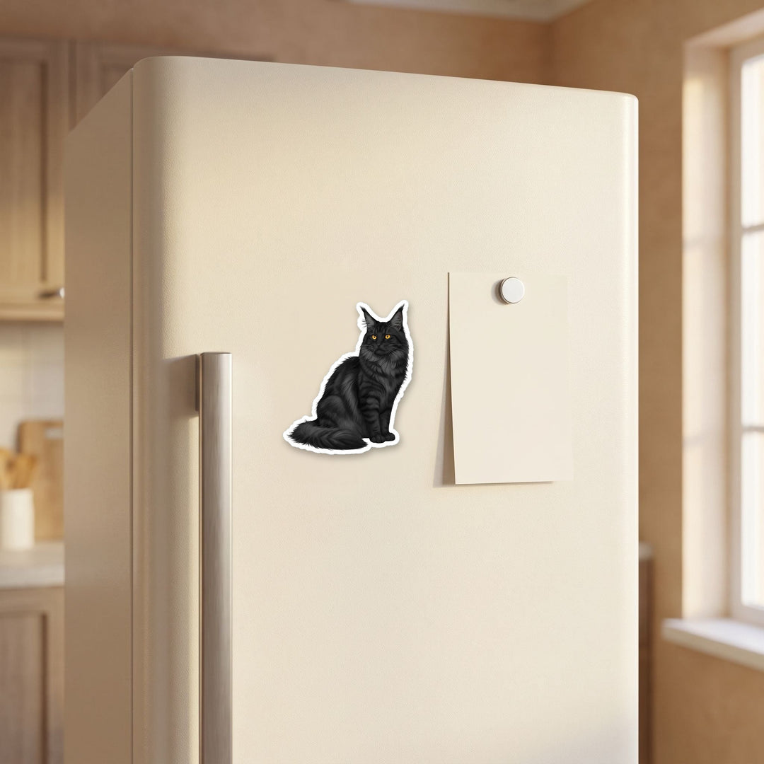 Maine Coon Black Cat watercolor magnet on a refrigerator door