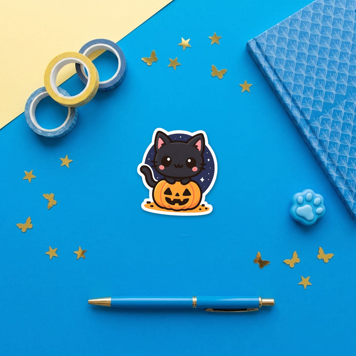 Black Cat in Pumpkin kawaii 3 inch fridge magnet flat lay with blue stationery