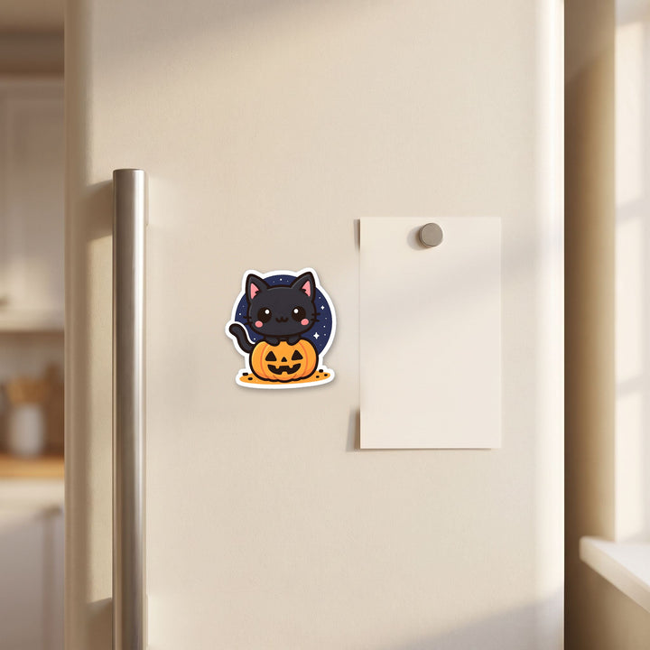 Black Cat in Pumpkin kawaii magnet on a refrigerator door