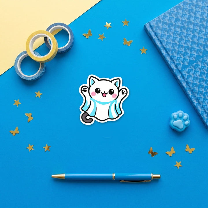 Ghost Costume Cat kawaii 3 inch fridge magnet flat lay with blue stationery
