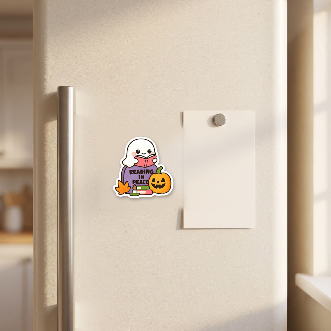 Reading in Peace kawaii magnet on a refrigerator door