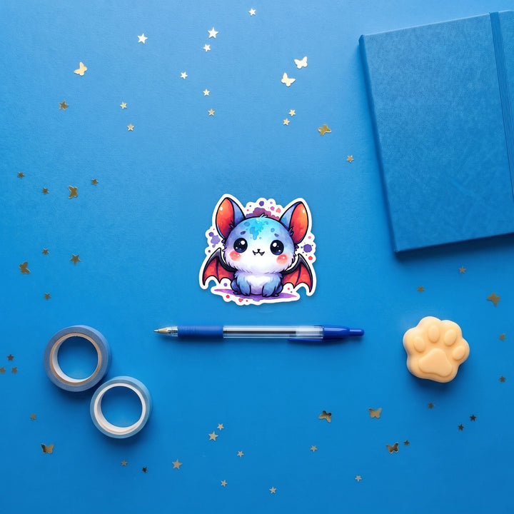 Blue Halloween Bat kawaii 3 inch fridge magnet flat lay with blue stationery