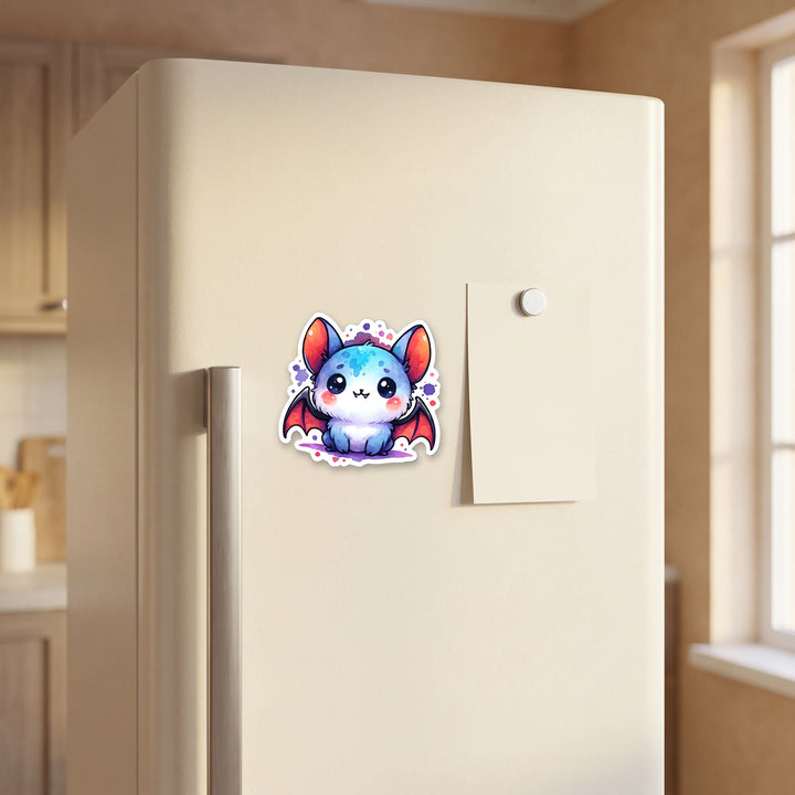 Blue Halloween Bat kawaii magnet on a refrigerator door