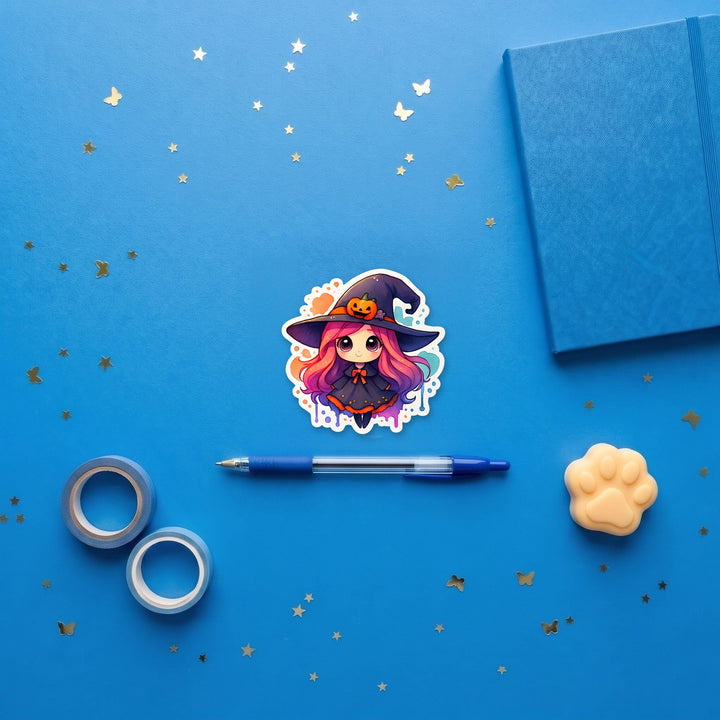 Halloween Witch Girl kawaii 3 inch fridge magnet flat lay with blue stationery