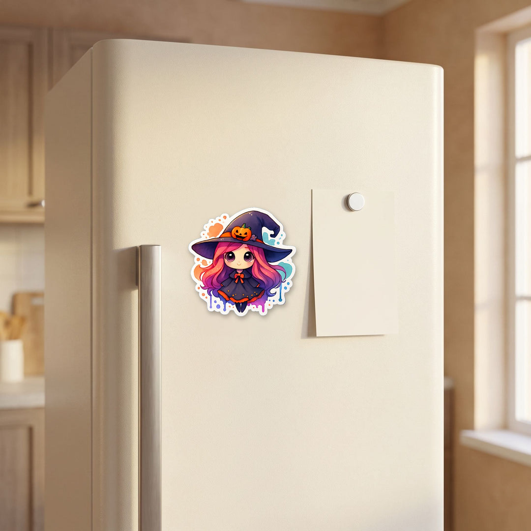Halloween Witch Girl kawaii magnet on a refrigerator door