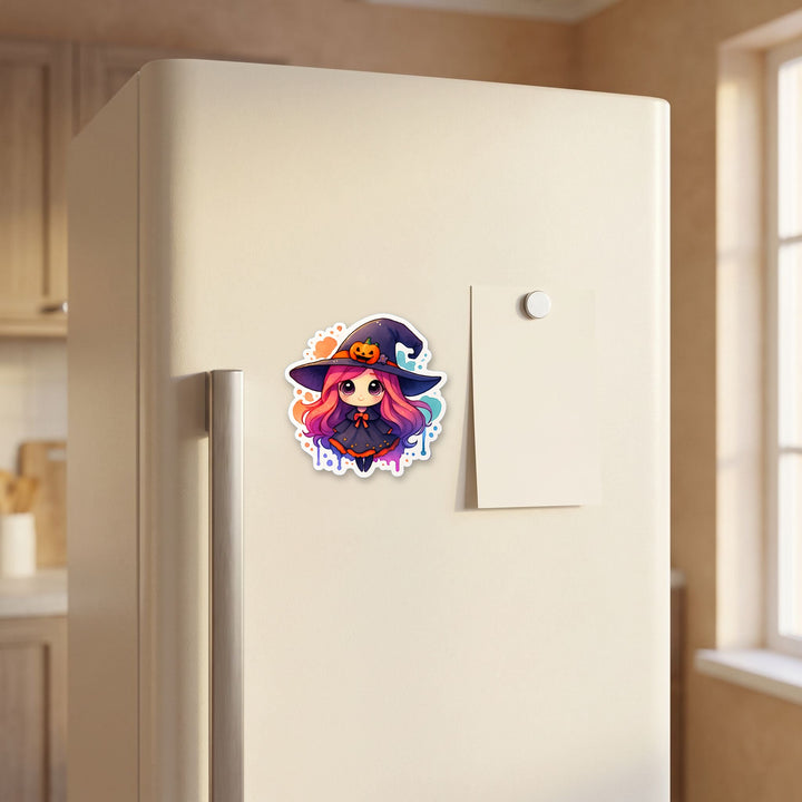 Halloween Witch Girl kawaii magnet on a refrigerator door