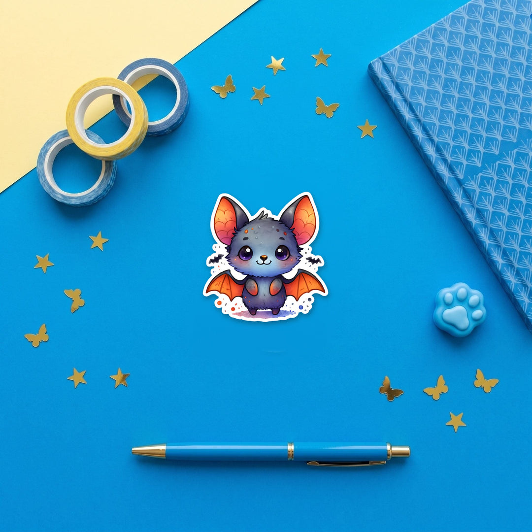 Gray Halloween Bat kawaii 3 inch fridge magnet flat lay with blue stationery