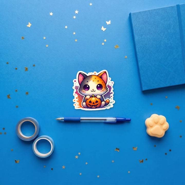 Calico Halloween Cat with Pumpkin kawaii 3 inch fridge magnet flat lay with blue stationery