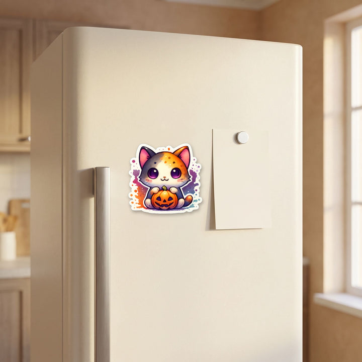 Calico Halloween Cat with Pumpkin kawaii magnet on a refrigerator door