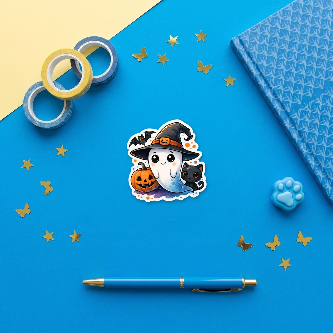 Witch Ghost with Black Cat kawaii 3 inch fridge magnet flat lay with blue stationery