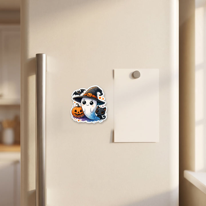Witch Ghost with Black Cat kawaii magnet on a refrigerator door