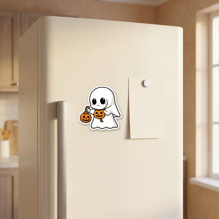 Trick or Treat Ghost kawaii magnet on a refrigerator door