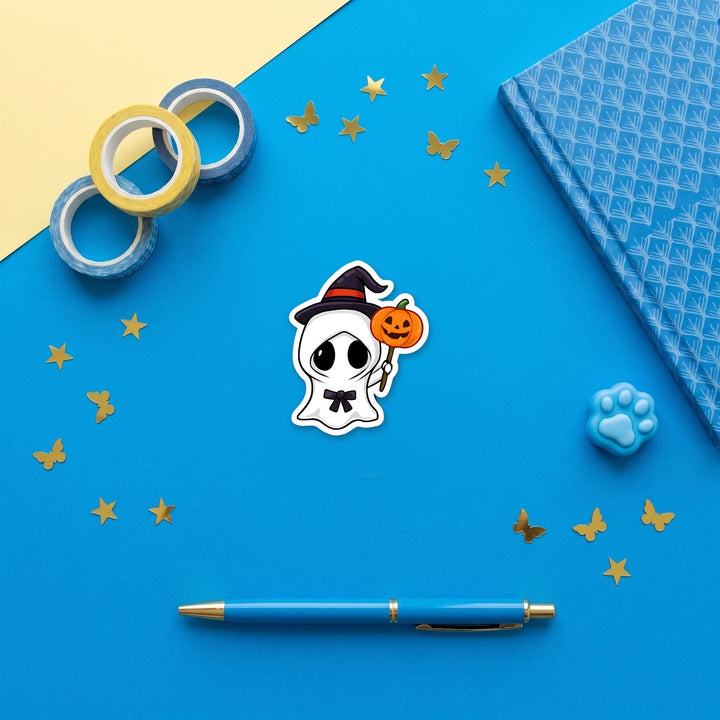 Cute Witch Ghost kawaii 3 inch fridge magnet flat lay with blue stationery