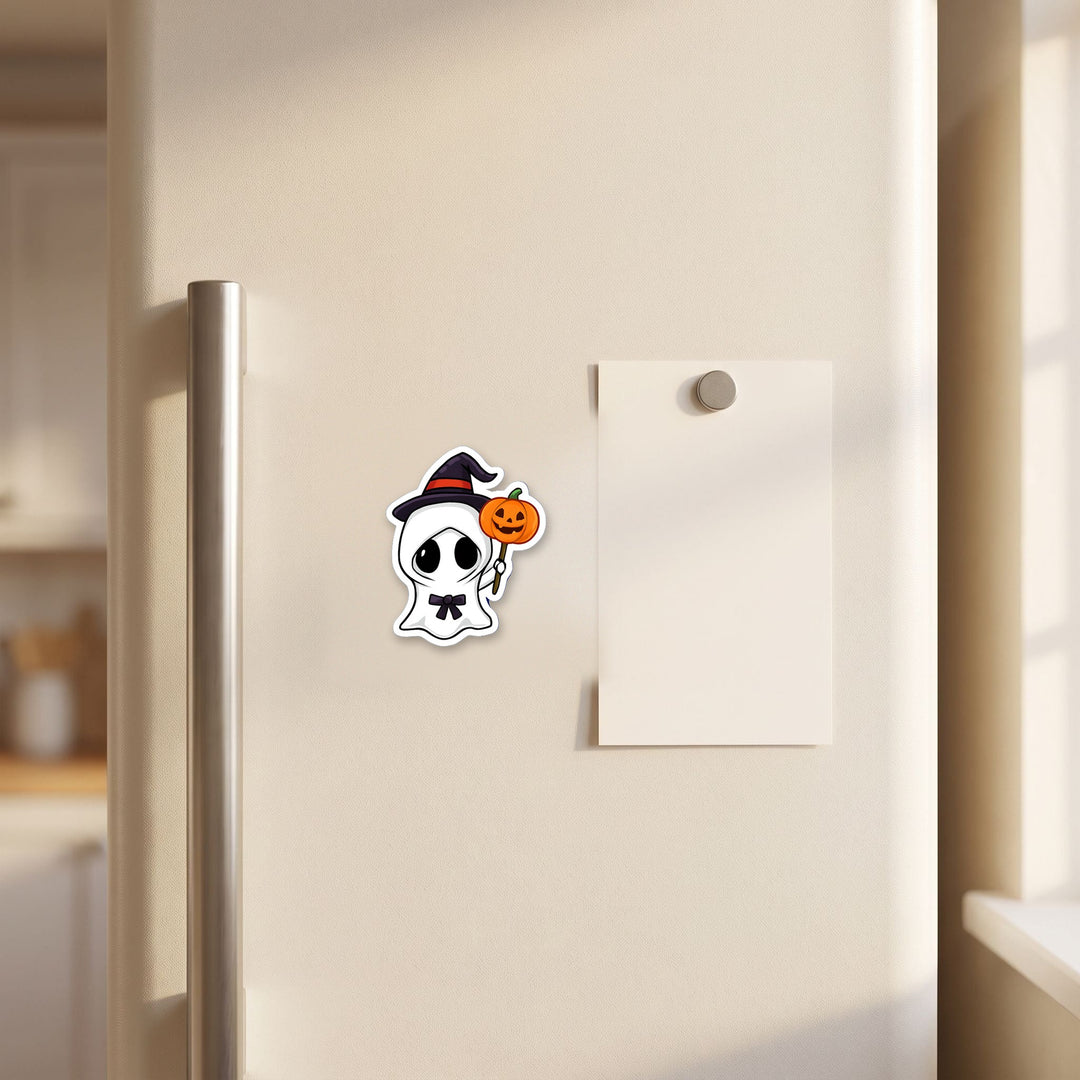 Cute Witch Ghost kawaii magnet on a refrigerator door