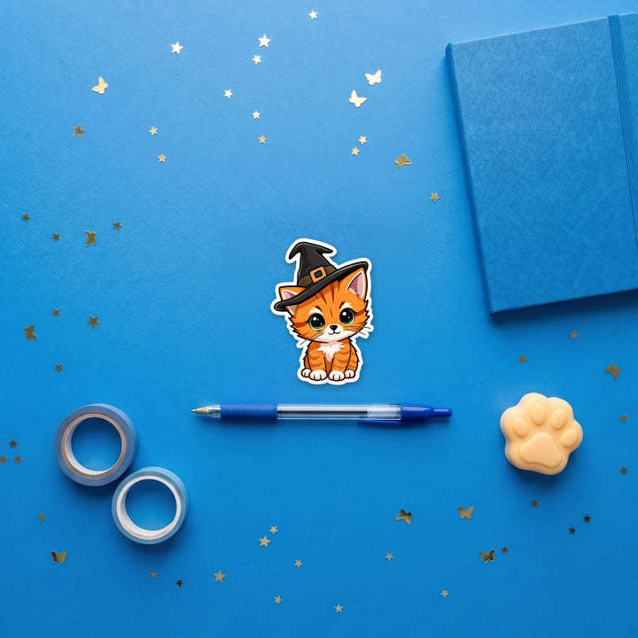 Orange Tabby Witch Cat kawaii 3 inch fridge magnet flat lay with blue stationery