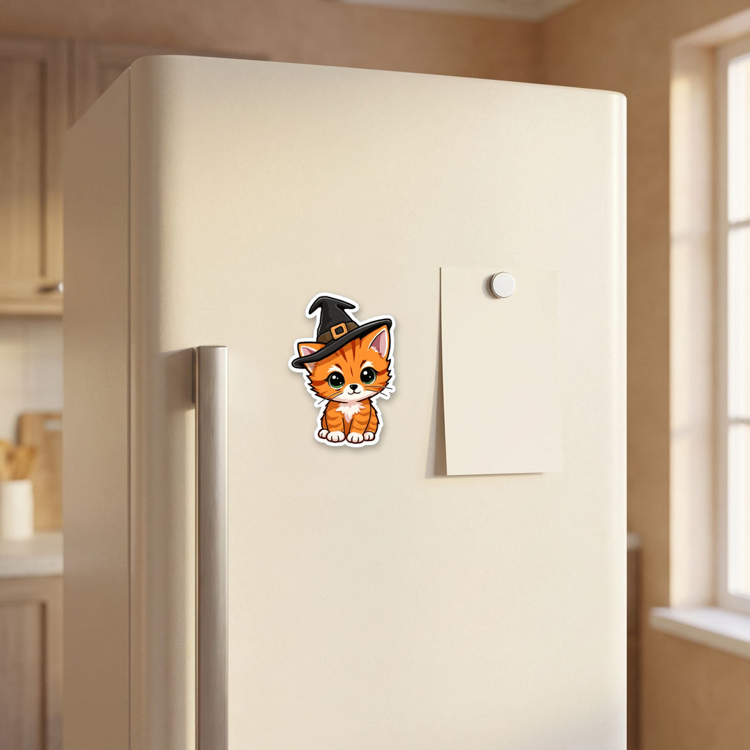 Orange Tabby Witch Cat kawaii magnet on a refrigerator door