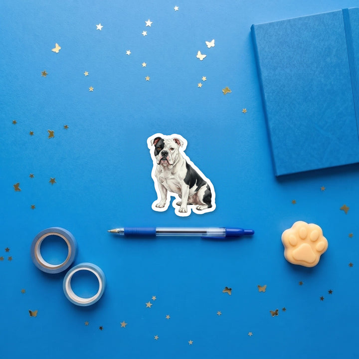 American Bulldog White and Black watercolor 3 inch fridge magnet flat lay with blue stationery