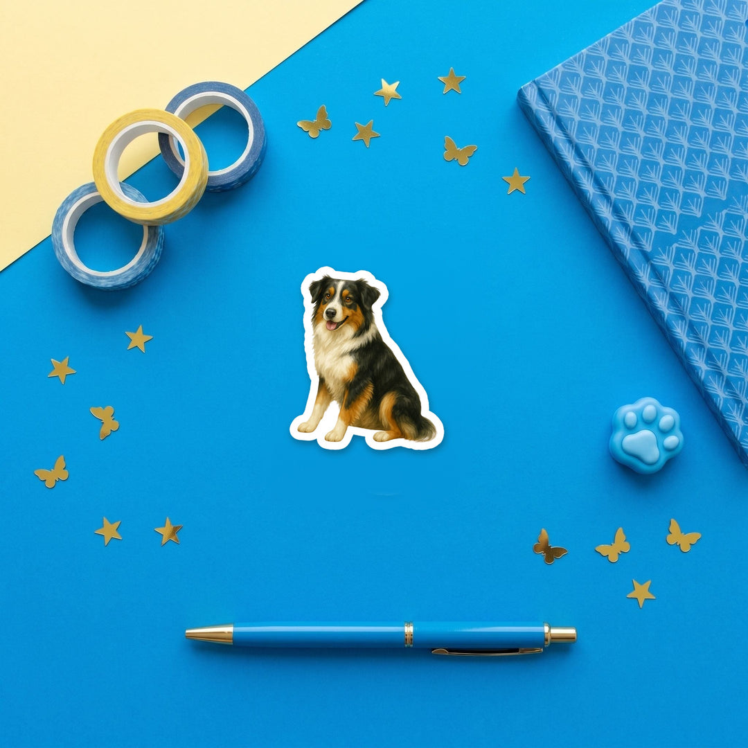 Australian Shepherd Tricolor watercolor 3 inch fridge magnet flat lay with blue stationery