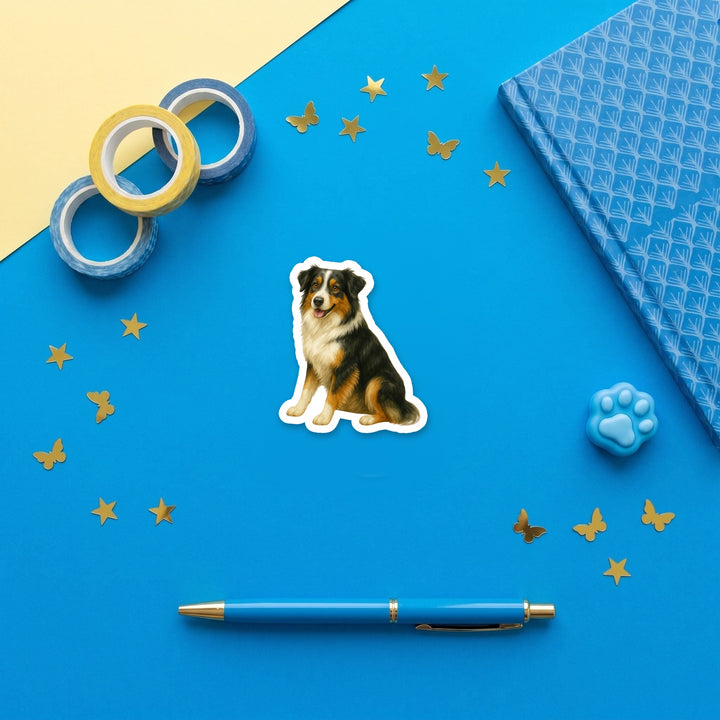 Australian Shepherd Tricolor watercolor 3 inch fridge magnet flat lay with blue stationery