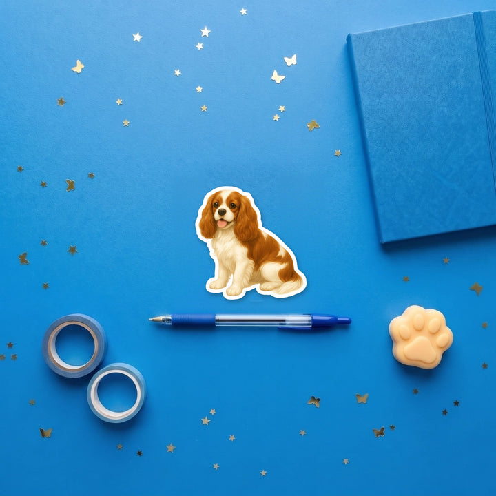 Cavalier King Charles Spaniel Blenheim watercolor 3 inch fridge magnet flat lay with blue stationery