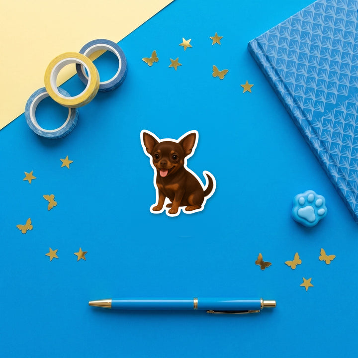 Chihuahua Chocolate watercolor 3 inch fridge magnet flat lay with blue stationery